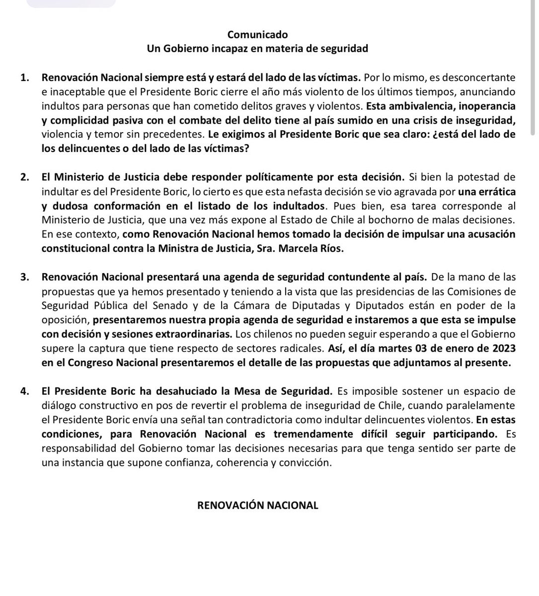 Diego_Schalper's tweet photo. En vista de los indultos hemos decidido acusar constitucionalmente a la Ministra de Justicia Marcela Ríos. Y el martes presentaremos de la mano de las propuestas que ya hemos levantado, una agenda de seguridad que se impulse en el Congreso. #Eso https://t.co/fxKqsESUXb