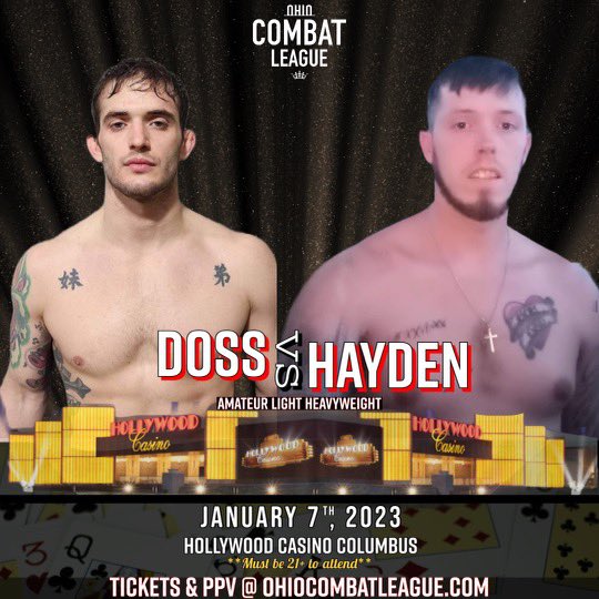 Nathan Doss 1-0 vs Tyler Hayden 0-1

This fight takes place as an Amateur Catchweight of 180lbs. 

Doss trains at Immortal Martial Arts fighting out of Columbus, OH. 

Hayden is independently trained fighting out of Spencer, IN 

Comment ⬇️ who wins in this 180lb Catchweight!