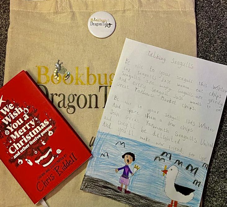 Lois__Masterson's tweet photo. After being inspired by @BZephaniah ‘Talking Turkeys’ poem from @chrisriddell50 ‘We Wish you a Merry Christmas’ book, our daughter has written her own version of the poem. For context, we live in East Anglia near to Gt.Yarmouth, love chips and of course seagulls! @jonnybid https://t.co/kZTMaUsCP0