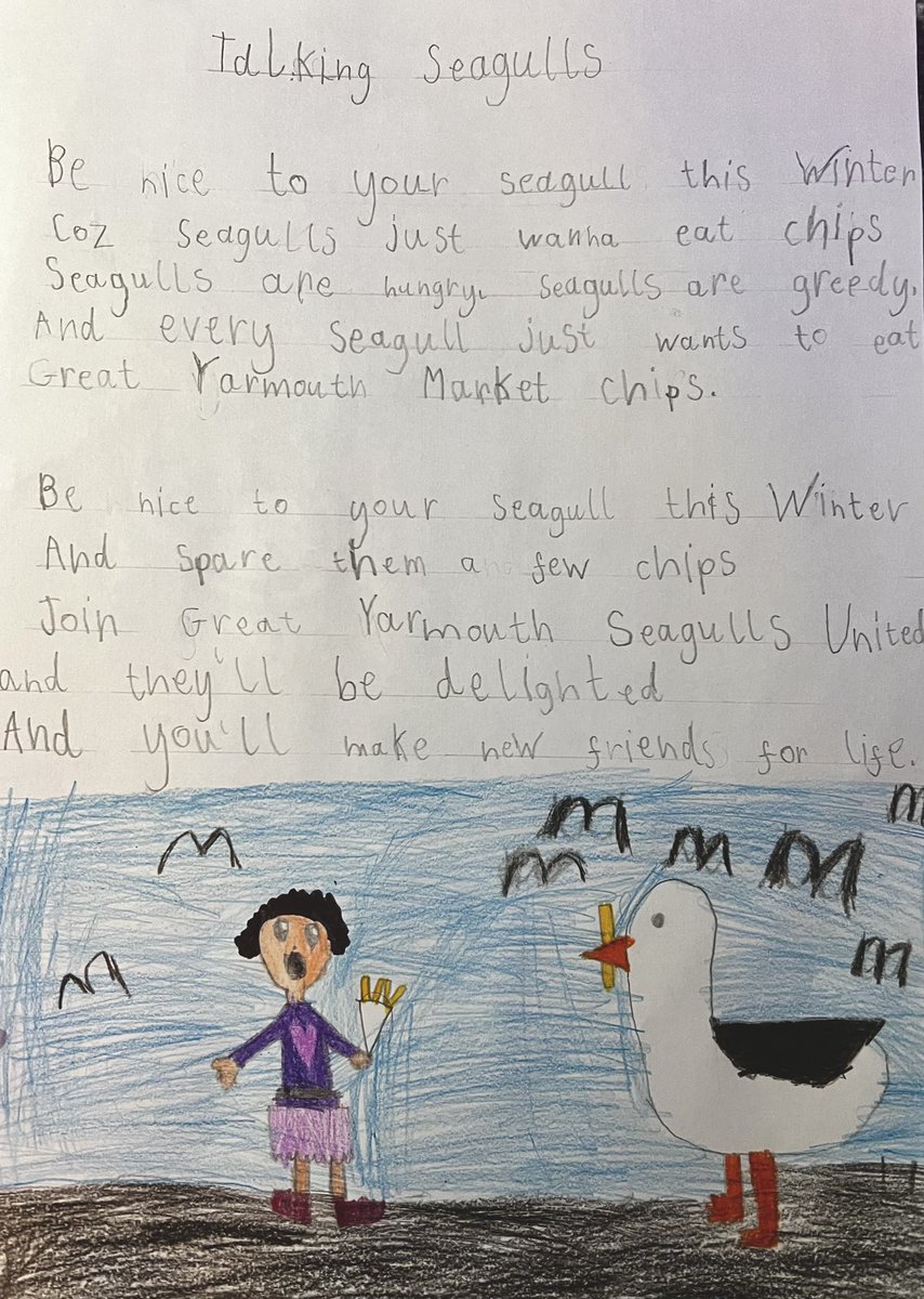 Lois__Masterson's tweet photo. After being inspired by @BZephaniah ‘Talking Turkeys’ poem from @chrisriddell50 ‘We Wish you a Merry Christmas’ book, our daughter has written her own version of the poem. For context, we live in East Anglia near to Gt.Yarmouth, love chips and of course seagulls! @jonnybid https://t.co/kZTMaUsCP0