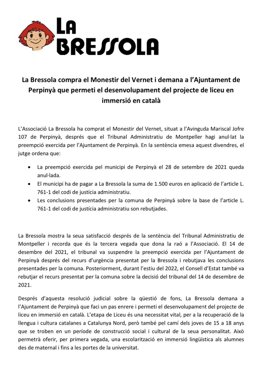 Cat_Nord's tweet photo. Victòria del català a Perpinyà: via lliure per al projecte del col·legi-liceu de la Bressola
La justícia francesa dona la raó a l'associació cultural catalana en el conflicte amb l'Ajuntament https://t.co/J439Ghvyve https://t.co/DBHdeQ9JO4