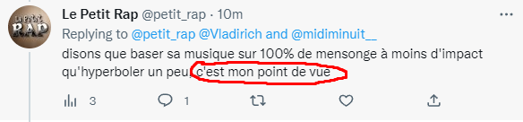 petit_rap's tweet photo. @Vladirich @midiminuit__ J'ai pas dit que t'avais pas le droit d'écouter ce que tu voulais, j'ai juste donné mon point de vue sur un sujet. https://t.co/b1zPMliBV5