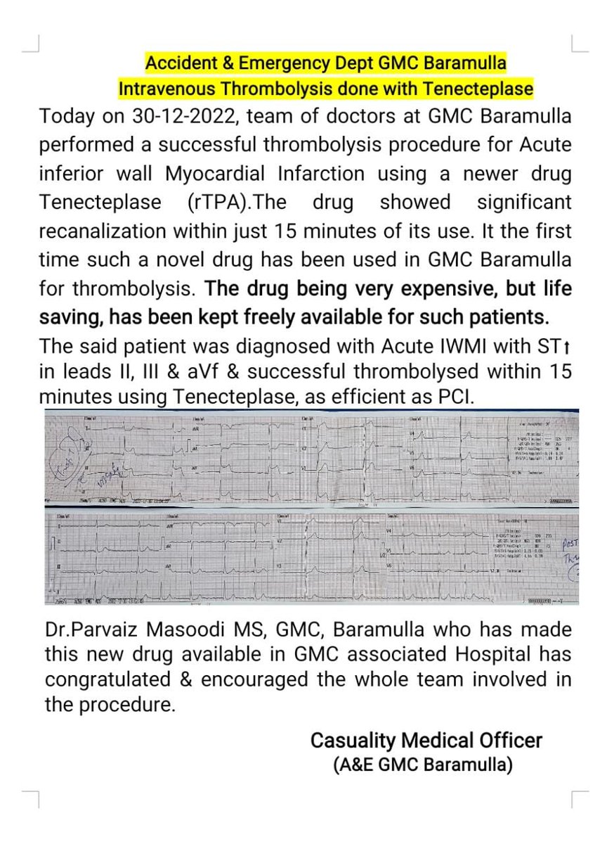 Tenecteplase thrombolysis first time  done for acute inferior wall MI in AH GMC Baramulla.
<a href="/HealthMedicalE1/">Health & Medical Education Department J&K</a> 
<a href="/iasbhupinder/">Bhupinder Kumar</a> 
<a href="/DrSyedSehrish/">Dr. Syed Sehrish Asgar</a> 
<a href="/DCBaramulla/">Deputy Commissioner Baramulla</a> 
<a href="/MarsyaSanggelo1/">@Saveheart</a>
<a href="/GreaterKashmir/">Greater Kashmir</a> 
<a href="/islahmufti/">Mufti Islah</a> 
<a href="/nazir_masoodi/">Nazir Masoodi</a>
