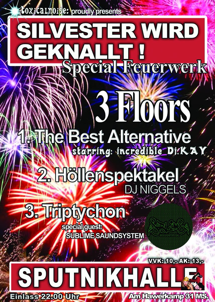 monasteria_net's tweet photo. Große #Silvesterparty am #Hawerkamp #Münster auf 3 Floors in 2 Clubs für 1x Eintritt! Inklusive #Feuerwerk auf dem Vorplatz. #Sputnikhalle: Rock, Pop, Alternative, Oldies - #Sputnikcafe: Gothic, EBM, Dark Rock, Metal, 80s &amp; more #Triptychon: Dub//Dubstep//Bass/DnB #silvester https://t.co/8lWxmImQiW