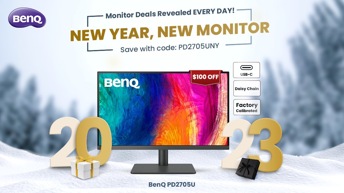 BenQAmerica's tweet photo. NEW YEAR, NEW MONITOR SALE!

Day  4️⃣  Reveal!
Grab our #PD2705U Professional Design Monitor for $100 OFF from TODAY until 12/31!

Use Promo Code: PD2705UNY

Click below to Checkout!
https://t.co/YxkEkuAdoz

#BenQ #MacCompatible #USBC #4K #DesignMonitor #AQCOLOR https://t.co/4FZ9mj9wxF