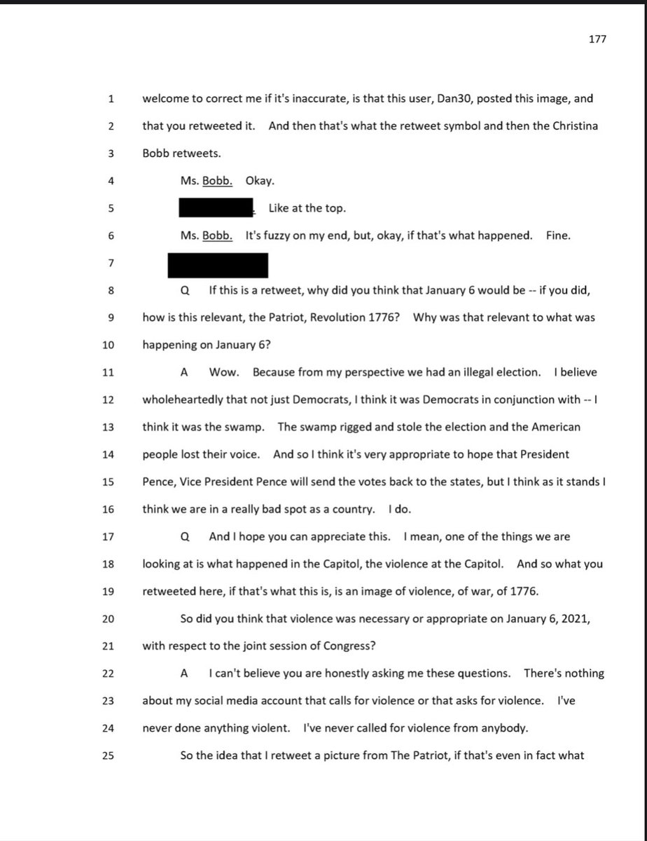 christina_bobb's tweet photo. Here are portions of my transcript from the J6 committee testimony.  And they expect us to take their investigation seriously. What a joke! #J6Committee #ShamInvestigation #2020Election #RiggedElection #TrumpWon https://t.co/uFDiJka7xn