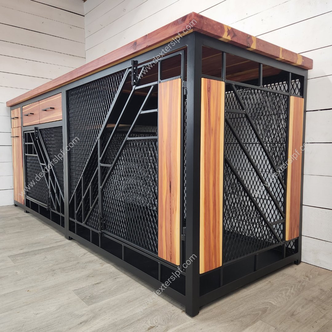 DextersLPF's tweet photo. Finished Product: The Remy XXL+XL+Food Storage in Black Metal &amp; Red Cedar #dexterslpf #remy #XXL #XL #FoodStorage #x2 #woodfurniture #metalfurniture #petbed #dogkennel #kennels #crate #cratefordogs #cratesfordogs #bigdog #littledog #kennelsfordogs #luxurycrate #luxuryfurniture https://t.co/Q1GNTPUmTY