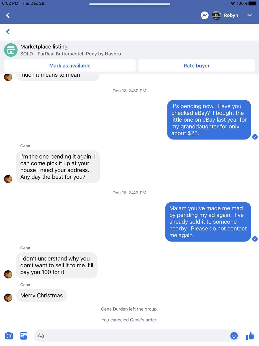 PeckRobyn1's tweet photo. @Tech_tools24 A couple people recommended you for help.I attached 4 pictures of my FB problem.Cases closed before date given- 1/5/23.Crazy woman admits in last pic she kept pending my https://t.co/WiY8JyfI0i I’m penalized for canceling, not shipping to her. Didn’t offer shipping. https://t.co/OgmmBiHuaM