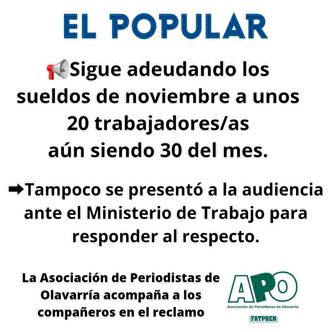 APOperiodistas's tweet photo. 🛑 30 de diciembre y El Popular no se dignó a abonarles el salario a sus trabajadores y trabajadoras 
✋ Acompañamos en la novena jornada consecutiva de paro declarado por @PrensaFATPREN
‼️ Con el pan de los y las trabajadoras no! https://t.co/V32EbQJBuY