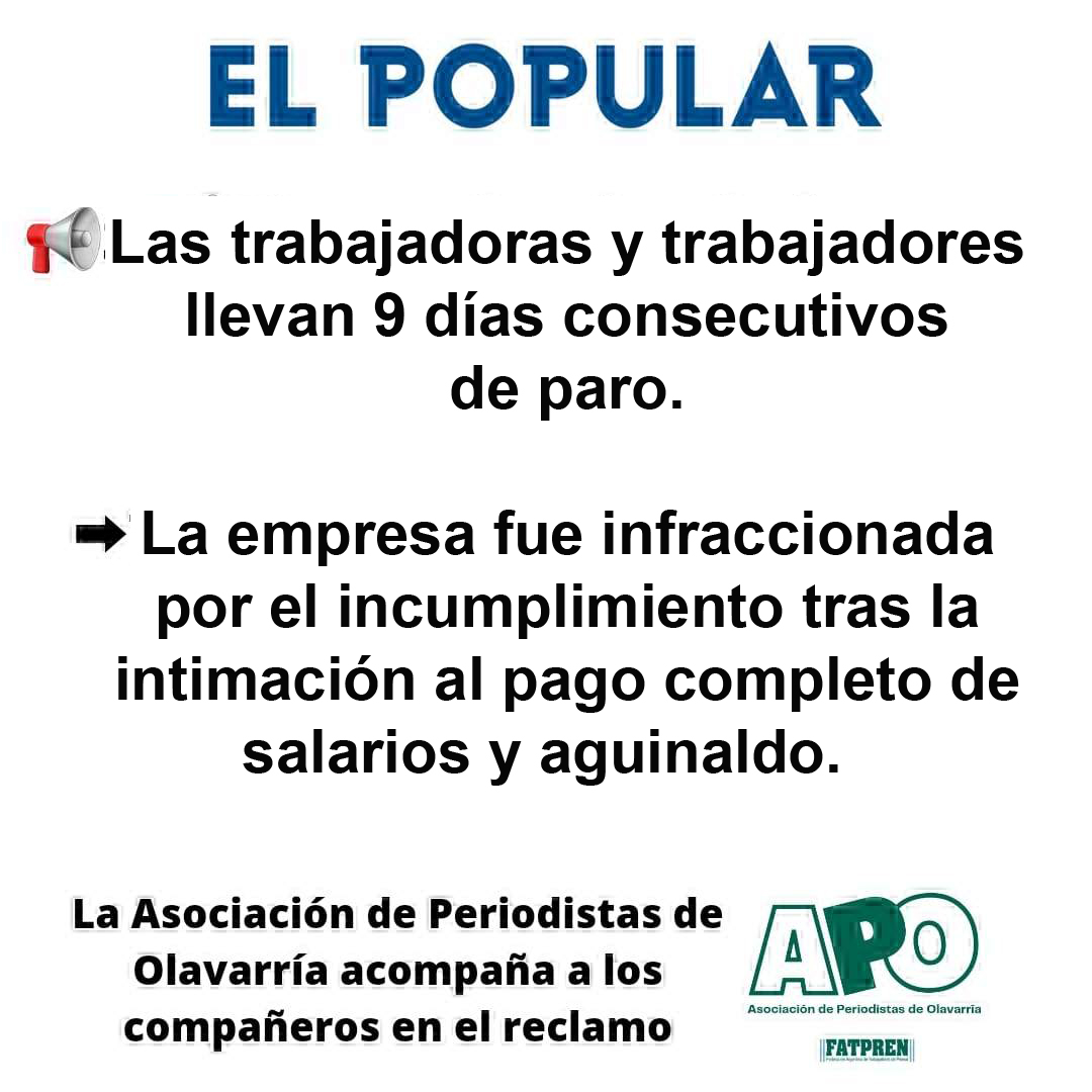 APOperiodistas's tweet photo. 🛑 30 de diciembre y El Popular no se dignó a abonarles el salario a sus trabajadores y trabajadoras 
✋ Acompañamos en la novena jornada consecutiva de paro declarado por @PrensaFATPREN
‼️ Con el pan de los y las trabajadoras no! https://t.co/V32EbQJBuY