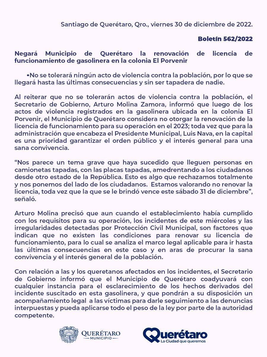 Ante los hechos ocurridos en la gasolinería de El Porvenir, enfatizamos: el Municipio de Querétaro no renovará su licencia de funcionamiento. 

La prioridad es y seguirá siendo el orden público.