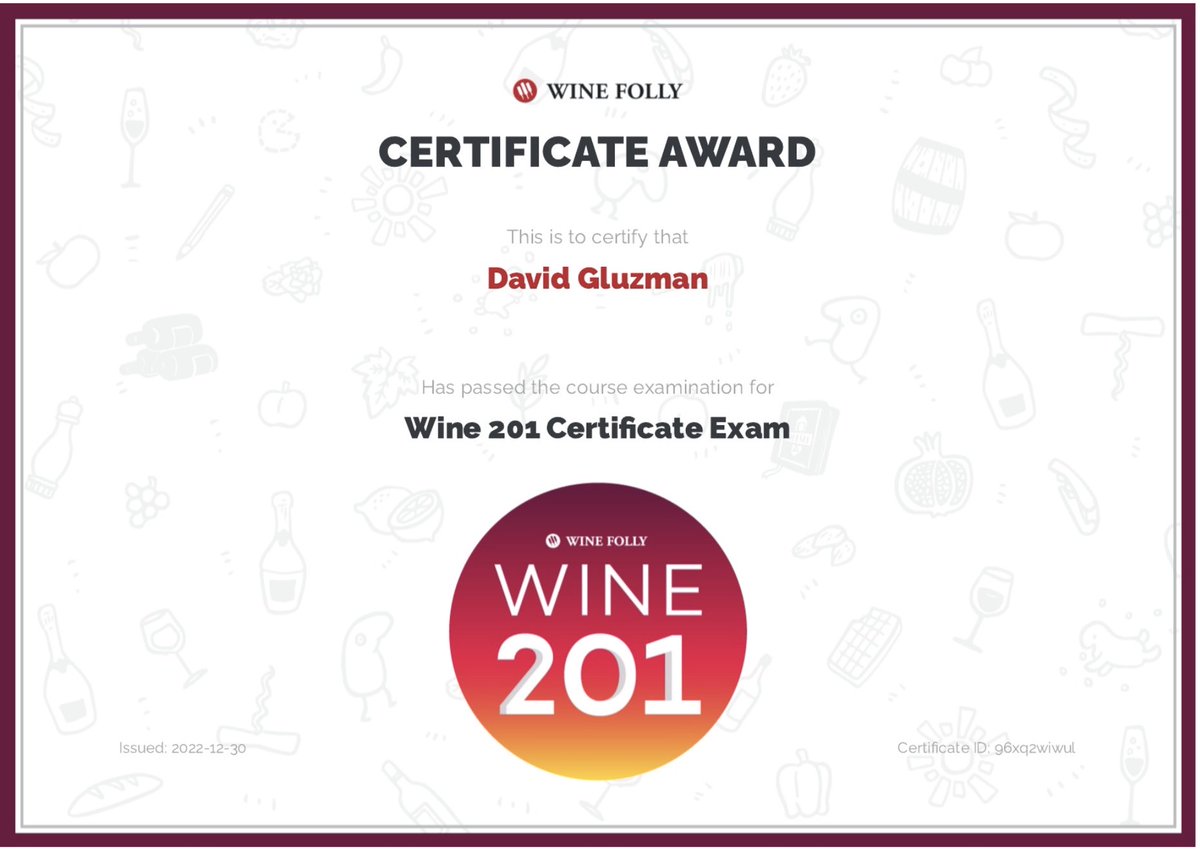 I took WSET 2 many years ago and taking Wine 201 from <a href="/WineFolly/">Wine Folly</a> was not just a refresher, but actually harder! <a href="/csmarsiglio/">Christine Marsiglio MW</a> and <a href="/madelineelectro/">Madeline Puckette</a> made me dig a lot deeper into my wine knowledge in order to pass this certification.

Bam.. Certified knowledge!