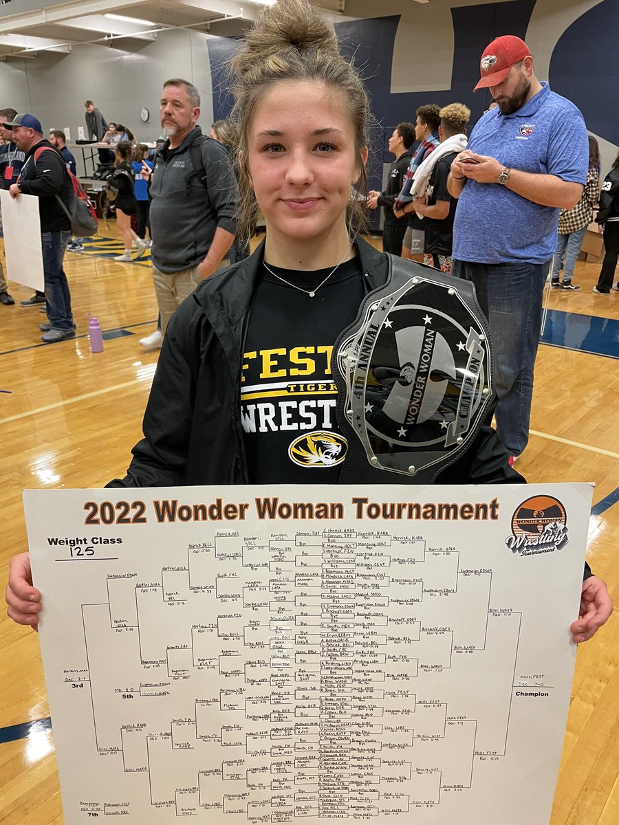 FestusWrestling's tweet photo. Congratulations Lauren Mills on your Wonder Woman Championship!  An outstanding feat among a 64 man bracket of highly talented wrestlers!  @myleaderpaper @WrstleLikeAGirl @FESTUSAthletics @STLhssports @missouriwrestle https://t.co/fMvtpkgINd