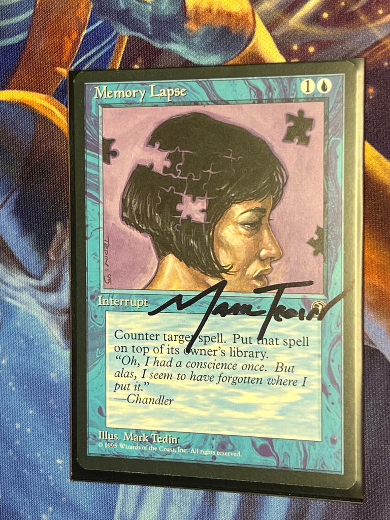 Gathering4Magic's tweet photo. Ice Age Memory Lapse signed by @Marktedin anyone? It kind of reminds me of that feeling you get when you walk into a room and then think "Why the hell did I come in here again?"
#Fantasyart #MTG #oldschoolmagic #mentalmagic https://t.co/gUQFPIzmLl