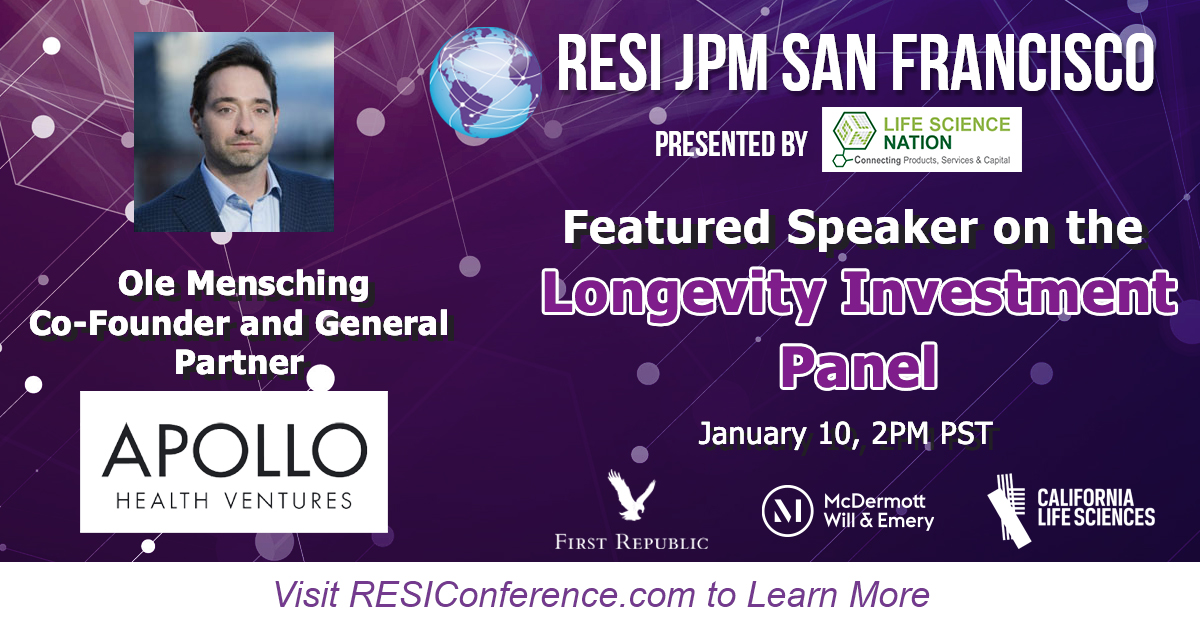 Join Ole Mensching, Ph.D.(<a href="/apollohealthvc/">Apollo Health Ventures</a>) at RESI JPM San Francisco, January 10 In Person &amp; January 11-12 Virtual on the Longevity Investment panel. Hear from #agetech experts and their predictions for the future of this sector. Register: bit.ly/3zWHS0E 
#RESI #RESIJPM