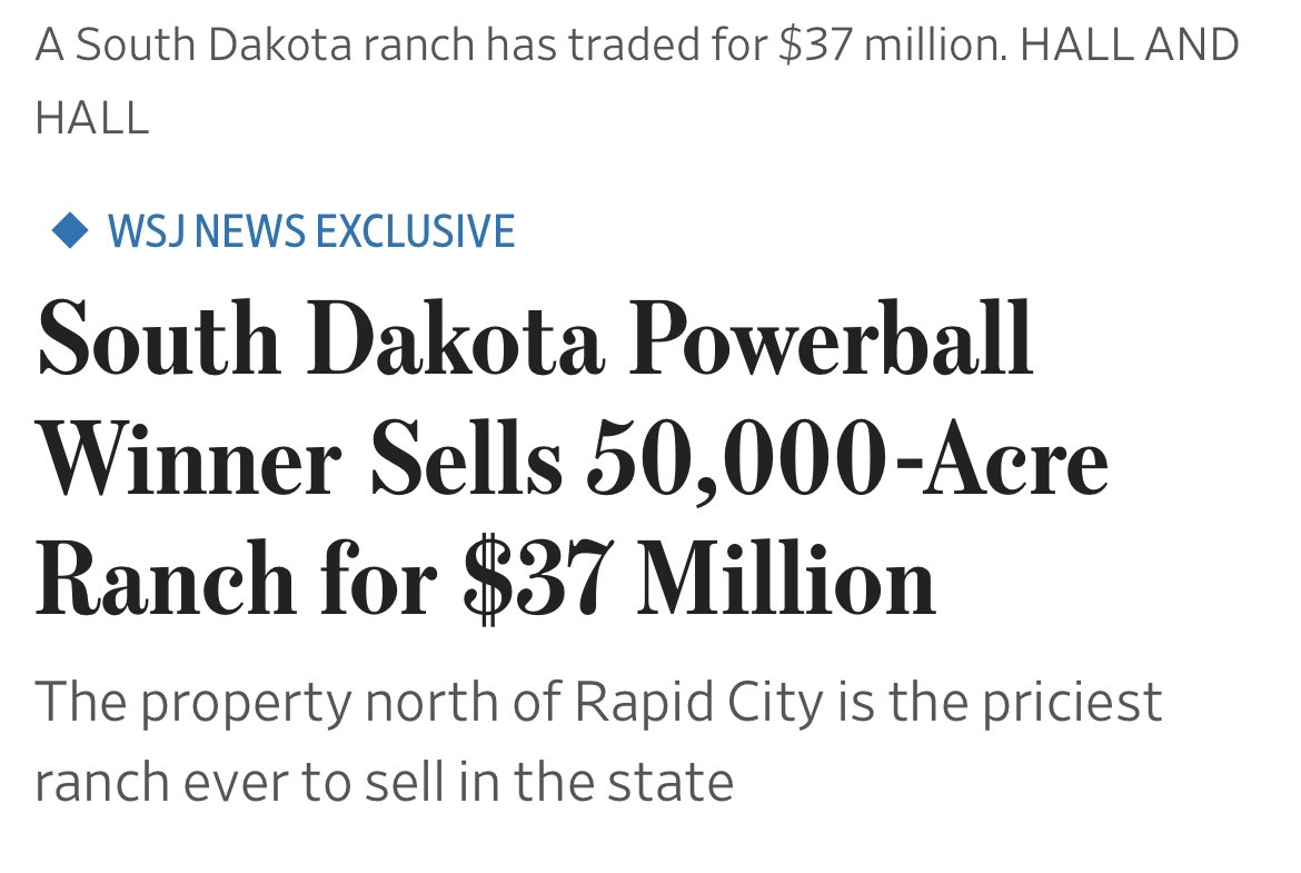 Generally, the stories are only written about the Powerball winners who go broke. Mr Wanless won $232M in 2009 at the age of 23. He just doubled his investment on this 50,000 acre ranch in South Dakota. https://t.co/lAHbeqi90e