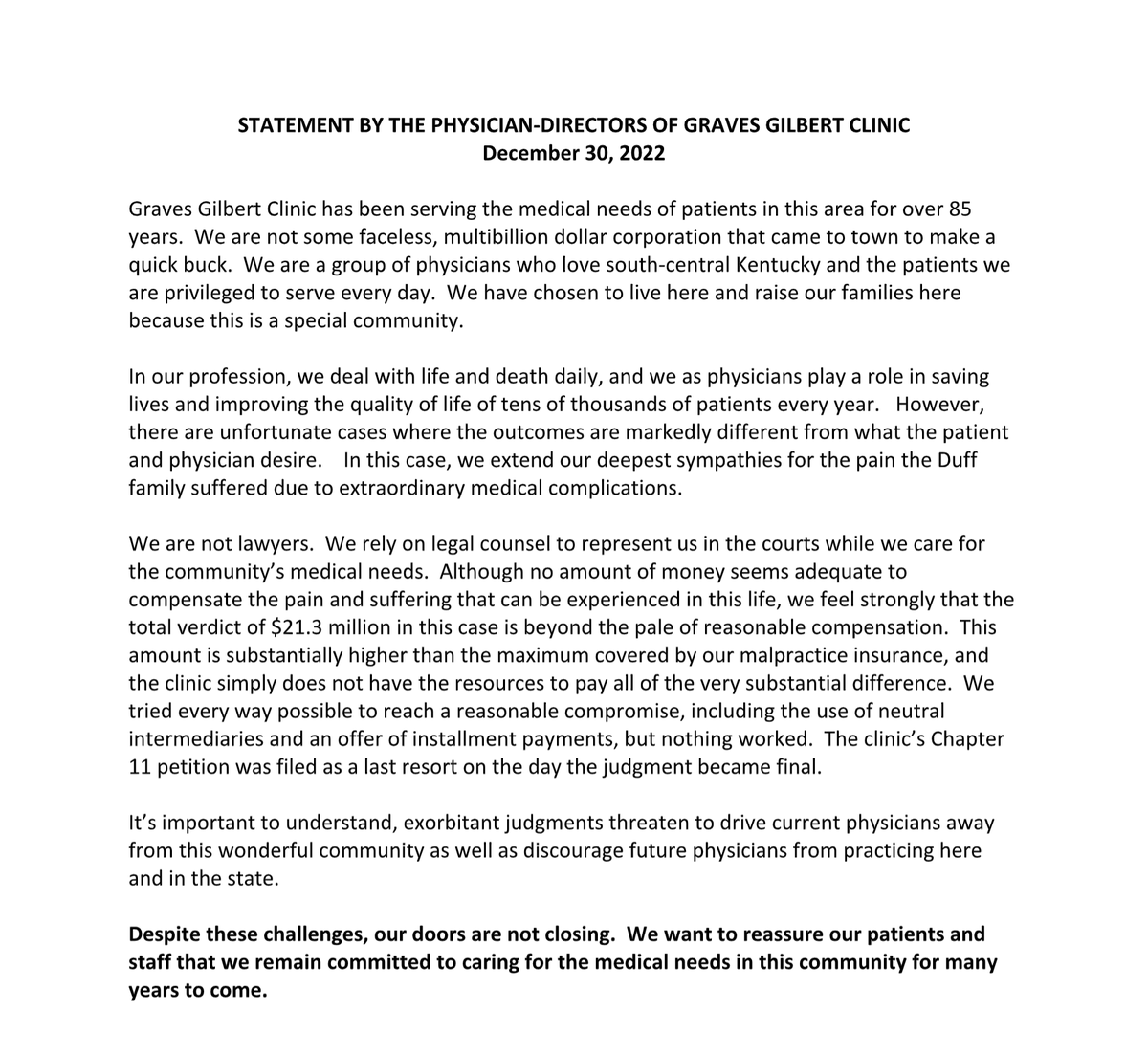 GravesGilbert's tweet photo. A statement from the Physician-Directors of Graves Gilbert Clinic. https://t.co/nx953ORzmq