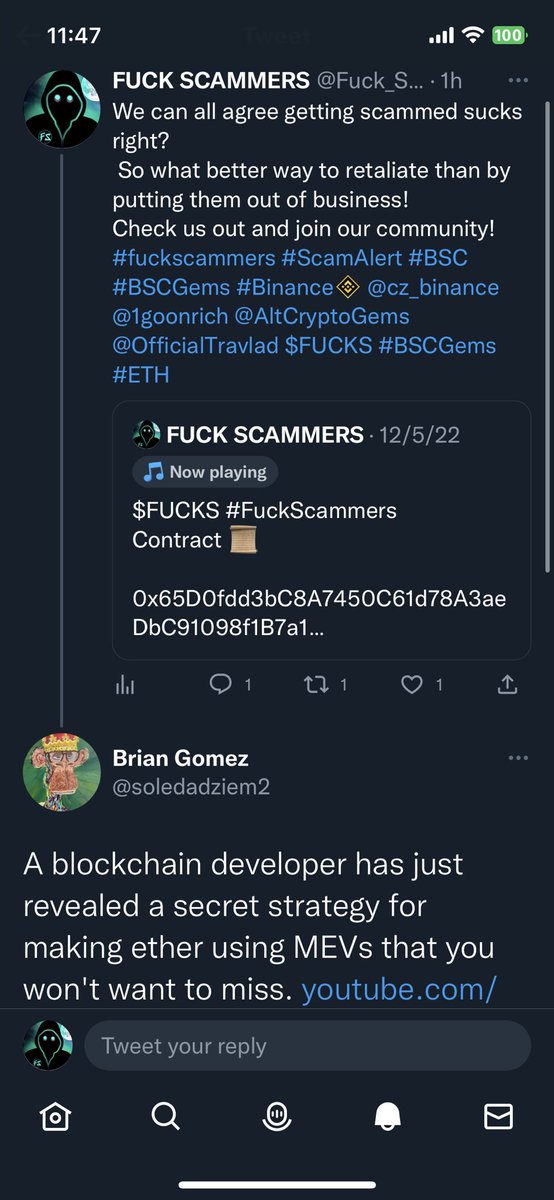 Fuck_Scammers_'s tweet photo. Check out the scammers everywhere! Be careful there’s no such thing as a Uni Swap front run bot. They’re even attacking our feed. Ha ha.#SCAM #ScamAlert #fuckscammers #BSC #BSCGems #BNB #Binance #BNBChain https://t.co/30C0fCYPW3
