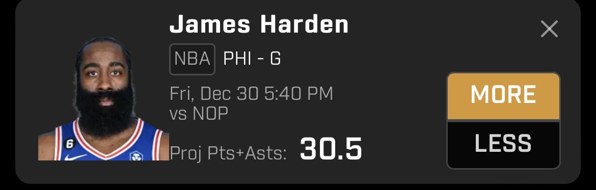 OrderDeclined's tweet image. POTD (3-2)

James Harden is playing with both Maxey and Embiid today. His points are  around 20 but his assists are very good. I have him at 35 PA.