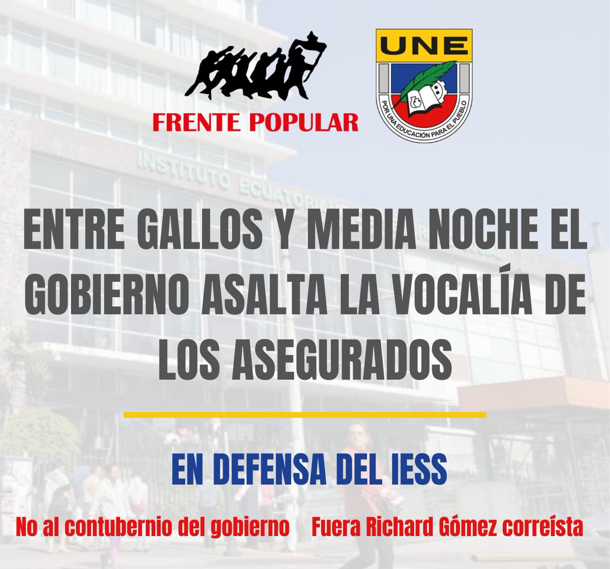 Rechazamos de manera contundente el atraco a la vocalía de los asegurados ante el CD del <a href="/IESSec/">IESS</a> por parte de  <a href="/LassoGuillermo/">Guillermo Lasso</a>  Alfredo Ortega y el correista Richard Gómez con la complicidad del juez CARLOS BOWEN aquel que liberó a Don Naza.
#FueraGomezDelIESS