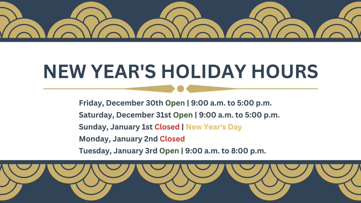 2023 is almost here! Please see our New Year's holiday hours to know when we will open this weekend and early next week. We wish our community a joyful end to 2022 and a splendid beginning to 2023!
