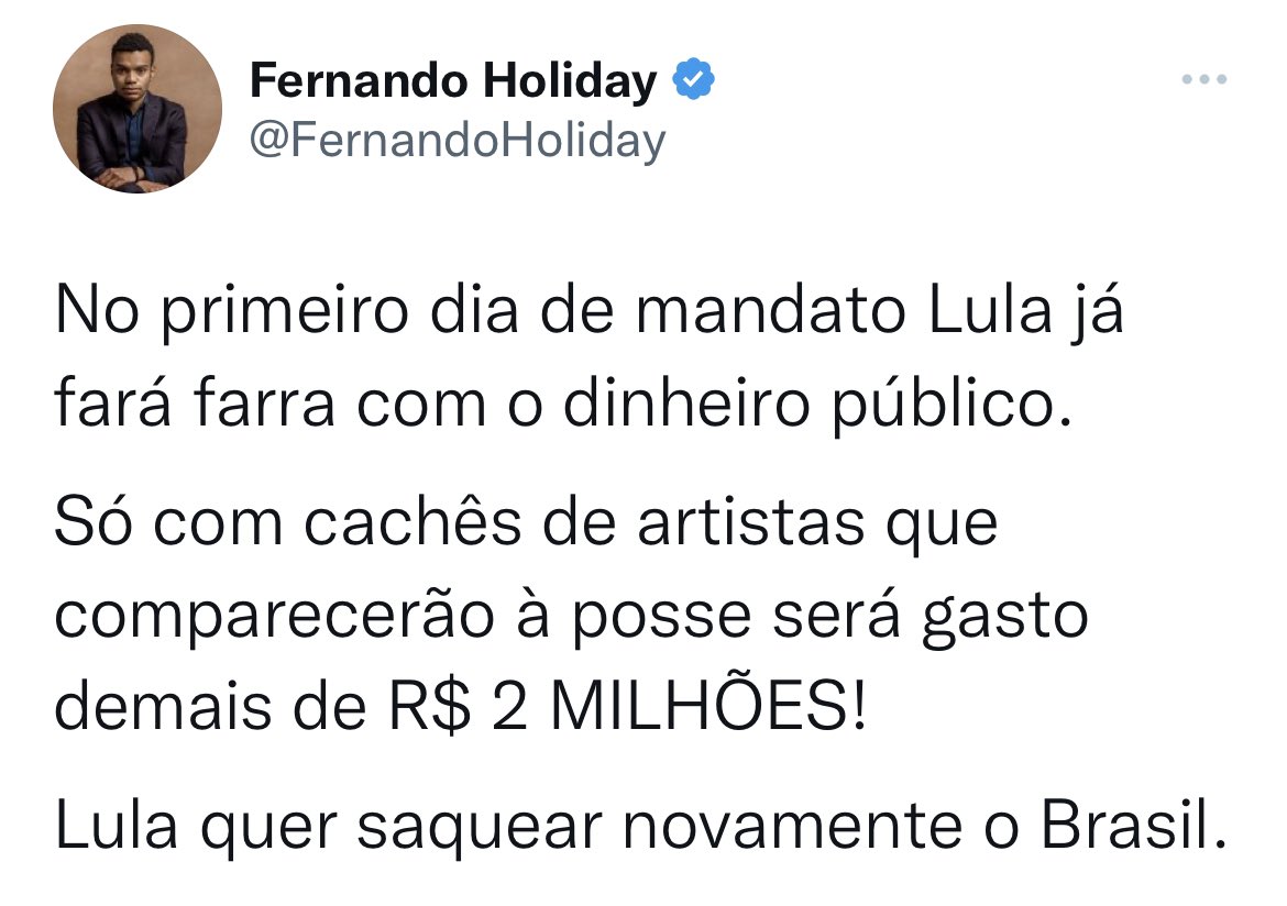 eutauat's tweet image. Holiday está disposto a ocupar o vácuo deixado por Bolsonaro no quesito desinformação. Os artistas que participarão da posse do Lula  não vão receber cachê. Cantarão de graça!