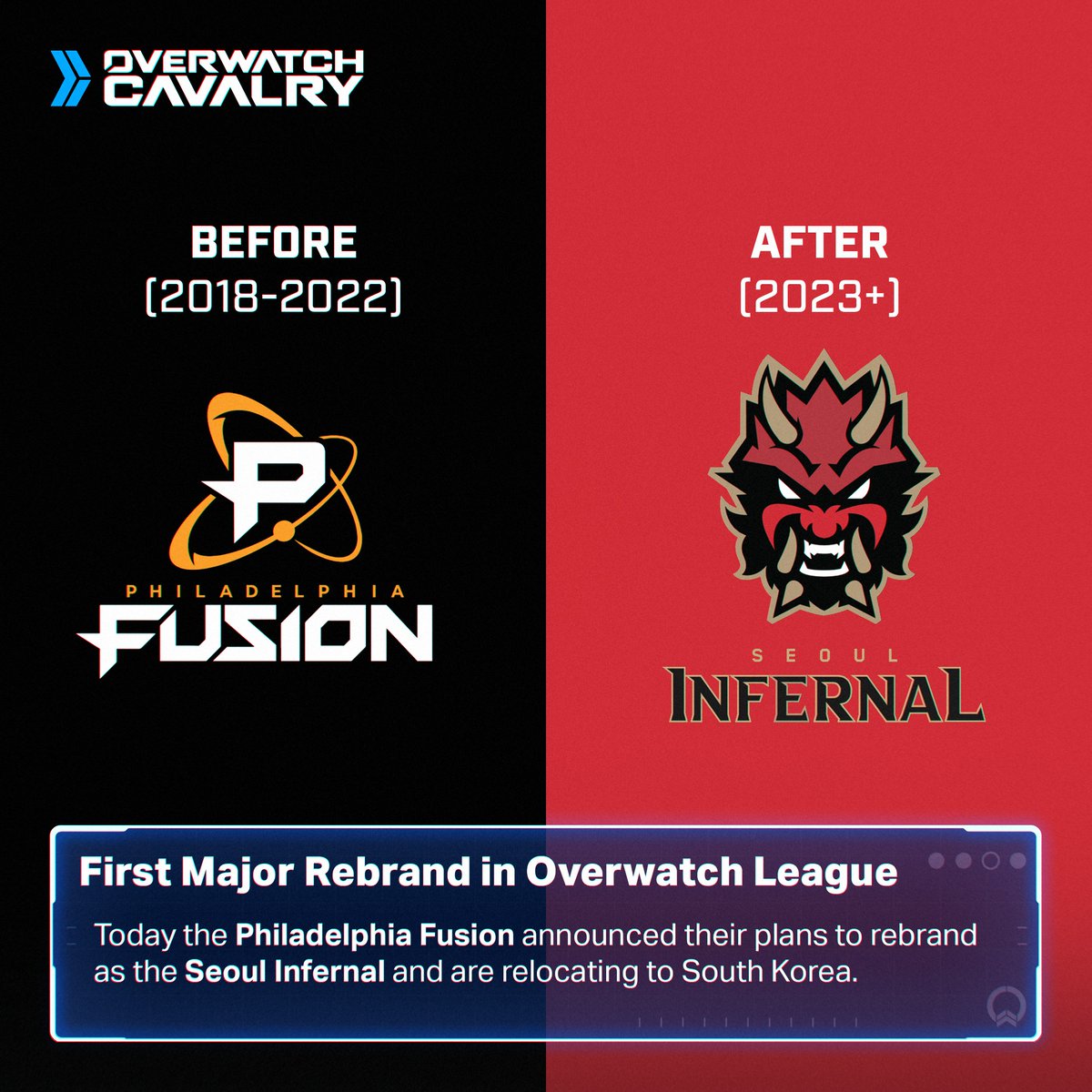 OWCavalry's tweet photo. Philadelphia Fusion are to rebrand as the Seoul Inferno in 2023 🏆

As the team prepare for their shift in team operations to South Korea - this rebrand will bring new jerseys, merchandise and SKINS to Overwatch League 2023, making them the SECOND Seoul team 👹 https://t.co/A4FMAmSoPu