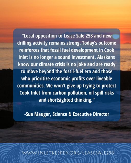 Today’s federal lease sale yielded only 1 bid on 1 block out of 193 available, highlighting the continued disinterest in drilling in Alaska’s Lower Cook Inlet. #NoNewLeases https://t.co/ourCRBpojk https://t.co/RrK9kJ81nB