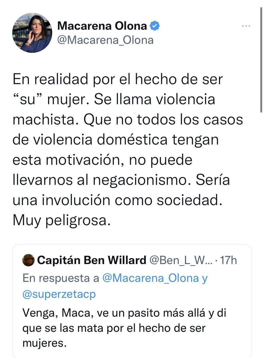 LanoUnai's tweet photo. Macarena Olona afirmando públicamente que existe violencia de género. Desde aquí quiero pedir perdón y disculpas por haber apoyado y defendido públicamente a esta mujer. Me engañó, lo siento mucho, no volverá a ocurrir. https://t.co/n8fuXe2a1k
