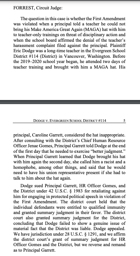 OrinKerr's tweet photo. Public school teacher who wore a MAGA hat to teacher training on cultural sensitivity and racial bias was engaged in 1st Amendment protected speech, 9th Circuit rules. 
https://t.co/BXdnwLDgRM https://t.co/uIv5So1cnT