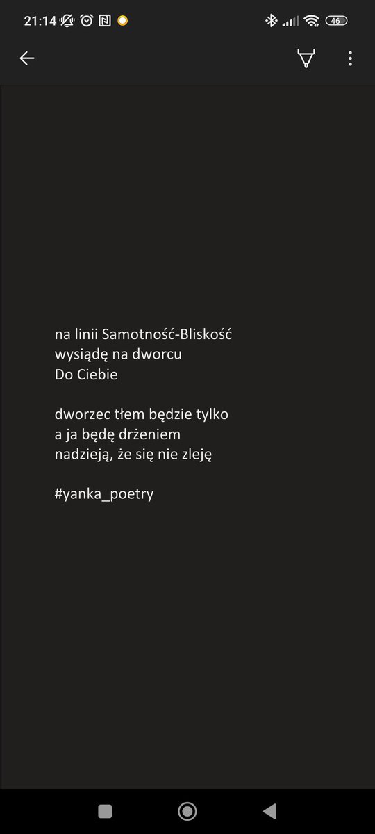 PoetryYanka's tweet photo. na linii Samotność-Bliskość
wysiądę na dworcu
Do Ciebie

dworzec tłem będzie tylko
a ja będę drżeniem
nadzieją, że się nie zleję
____________________________________
#yanka_poetry #samotność #bliskość #tory #las #dowiosny #drżenie #poezjacodzienna #poezja #dzierżnoduże https://t.co/Q1rtROQB6a