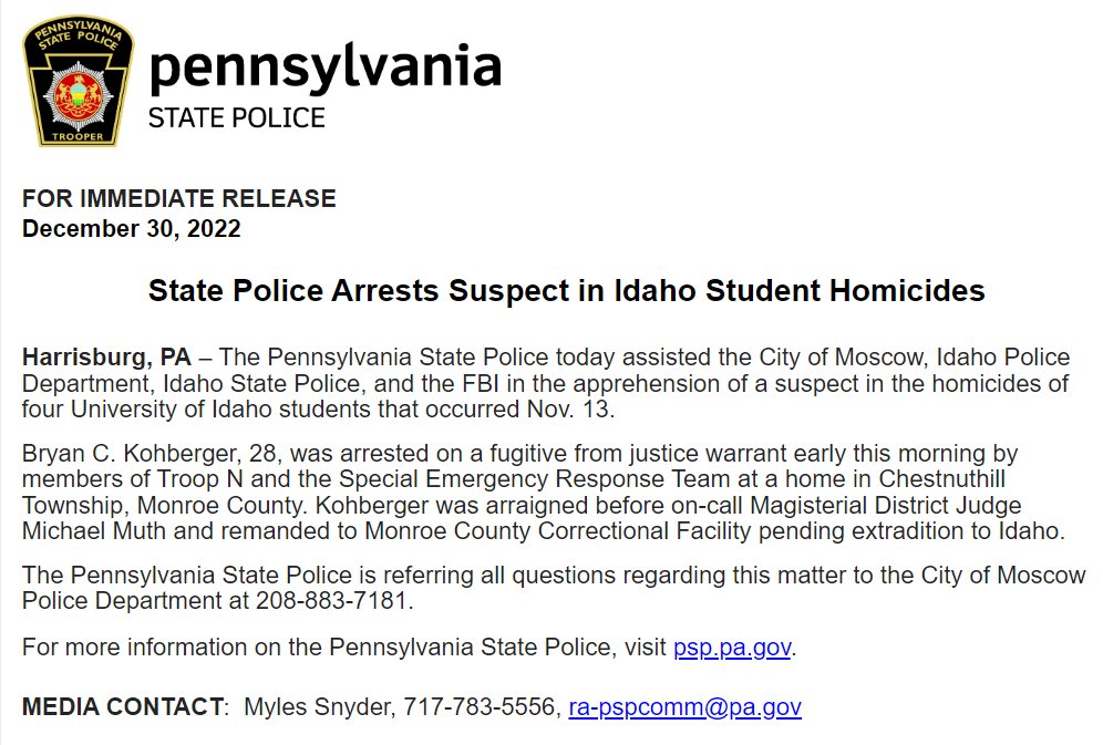 PAStatePolice's tweet photo. Monroe County: State Police Arrests Suspect in Idaho Student Homicides https://t.co/1bUzXw0ZKq