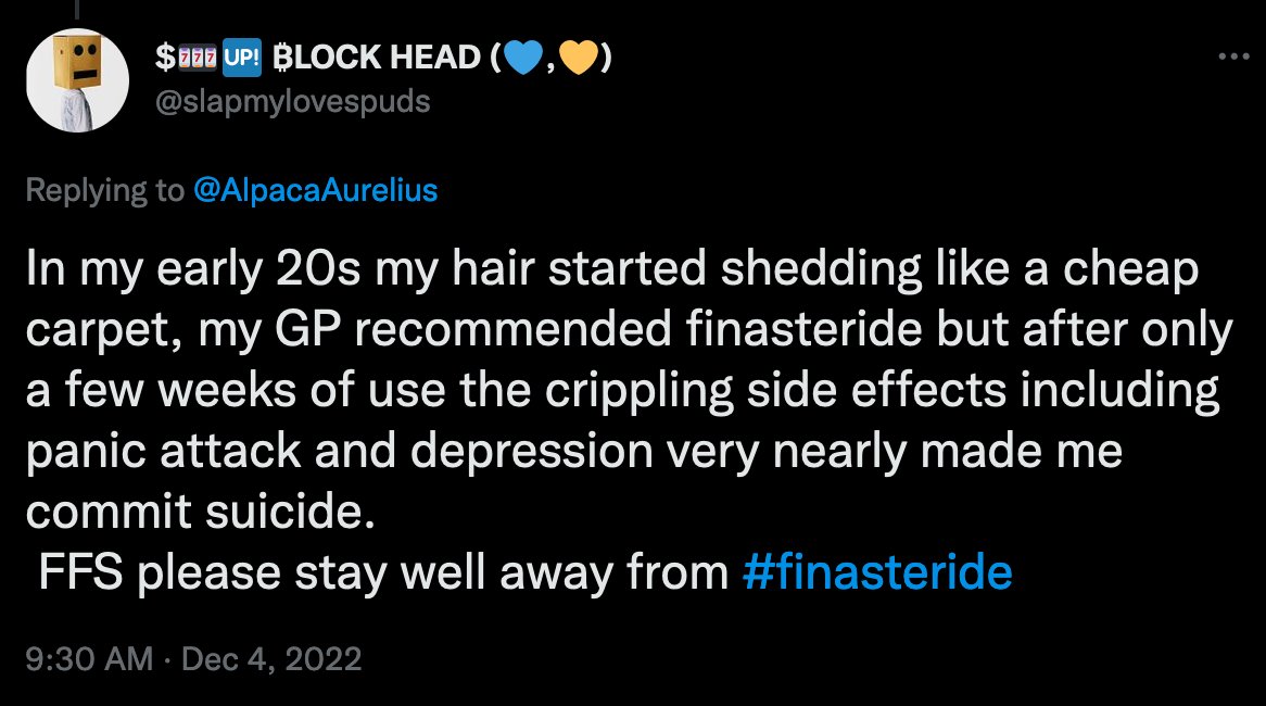 ICYMI heading into the holidays, two more stories of the horrors of finasteride.

#postfinasteridesyndrome #PFS #ED #depression #suicide