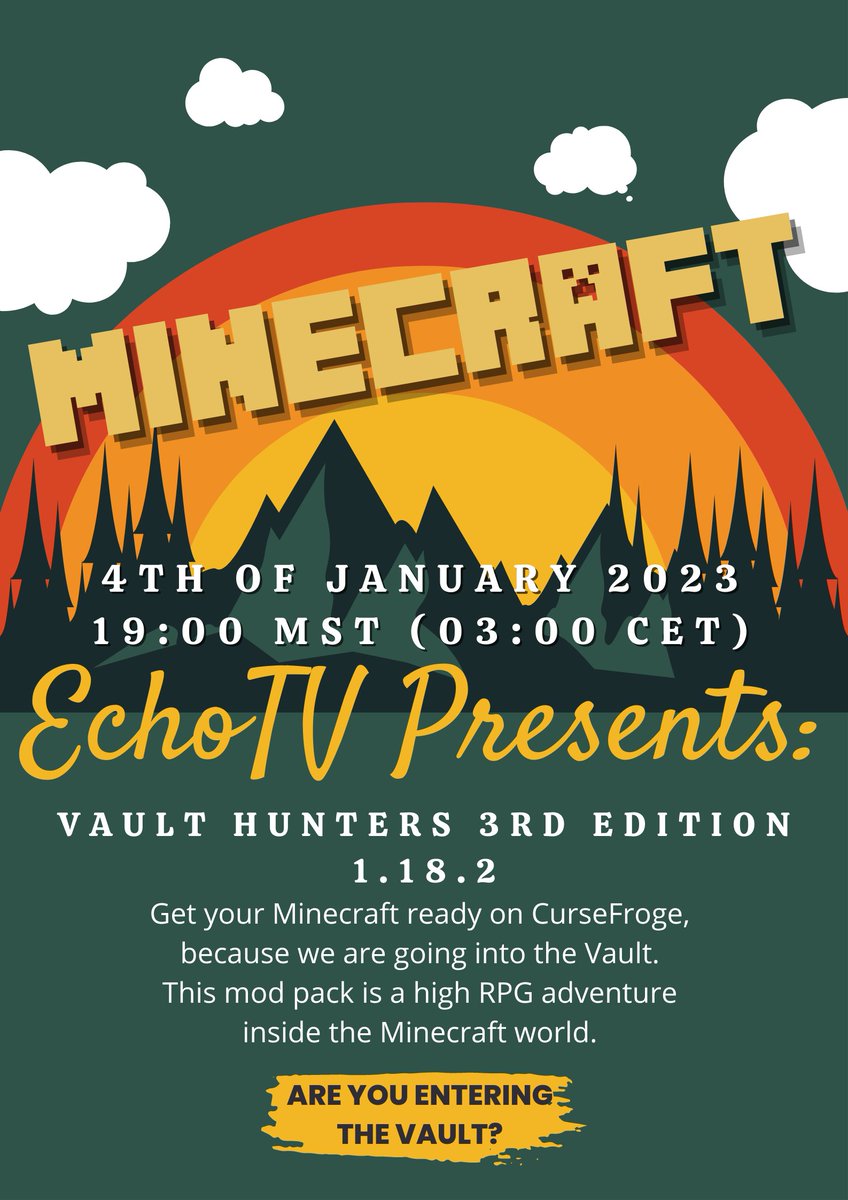 TeamEchoTV's tweet photo. Are you ready to enter the vault?

Get ready for EchoTV Modded Minecraft!
We are ready to see your survival in the vaults!

Make sure you hit your favorite EchoTV streamer up to get access to the server!

Princess_Jes will be doing the launch event

#teamechotv #twitch #minecraft https://t.co/gHYWIXdQNz