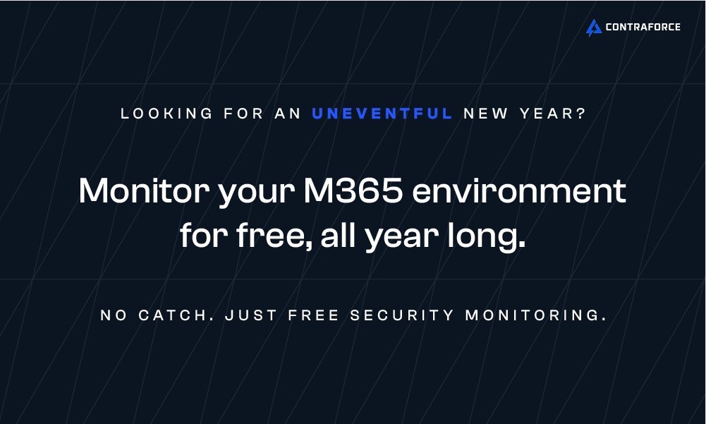 ContraForceSec's tweet photo. For the unsung cybersecurity heroes out there: we've got your back. Ring in the new year with free Microsoft 365 monitoring from ContraForce. Send us a message or use the link below and we'll get your account set up, no strings attached.

https://t.co/TF2kboDyzQ https://t.co/N8nNgAuoT1