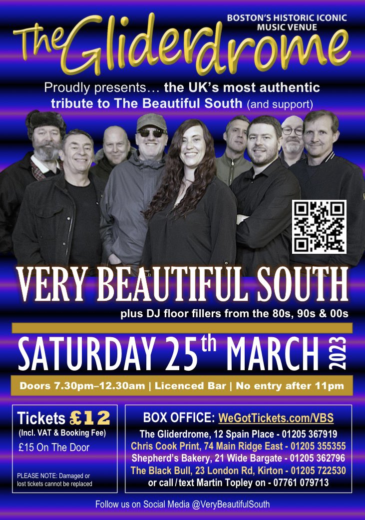 ⭐️THE GLIDER - MARCH 2023⭐️
After several months of planning and negotiation, we are delighted to announce that we will be playing Boston’s historic <a href="/TheGliderdrome/">The Gliderdrome</a> venue on Sat 25th March 2023. Tickets on sale now at WeGotTickets.com/VBS 
🎉😎🕺🎶🍾#TheBeautifulSouth