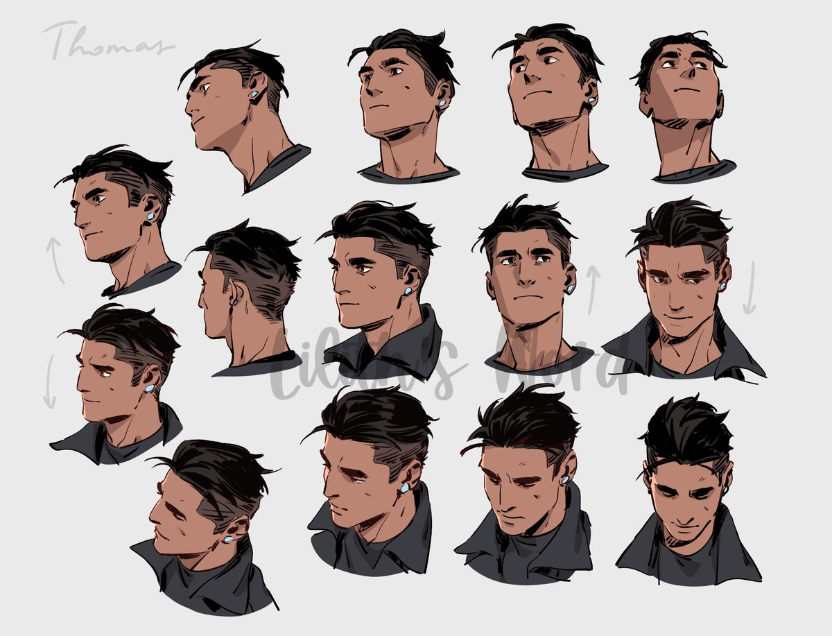 1boy male focus black hair multiple views smile undercut grey background  illustration images