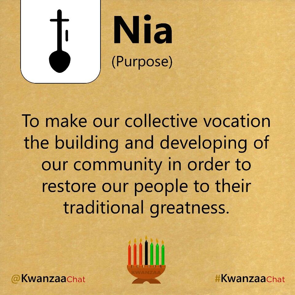 nyabpsi's tweet photo. Today's Kwanzaa principle is Nia, which means purpose. Nia encourages us to look within, develop, and build on personal goals that are beneficial to the community and greater good, and can restore our traditional greatness as a people.  Learn more here:
https://t.co/NHON2wiR2u https://t.co/HmNjZL6BYq