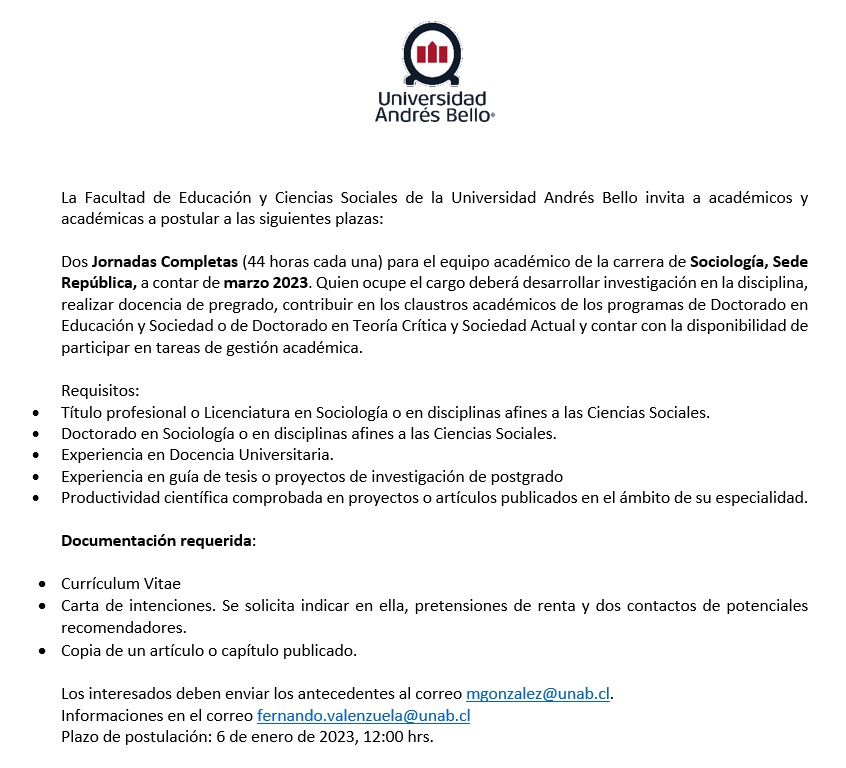 En sociología UNAB tenemos un concurso abierto para contratar a dos investigadores/as jornada completa para la sede Santiago. Les pido que nos ayuden con la difusión. ¡Gracias!
