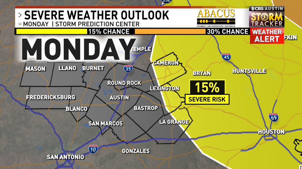 We'll enjoy a warm & quiet New Year's weekend weatherwise, but Monday brings the risk of severe storms ahead of a cold front. Milam, Lee, & Fayette County are included in the 15% severe risk. #atx #txwx #atxwx #cbsaustinwx spc.noaa.gov cbsaustin.com/weather