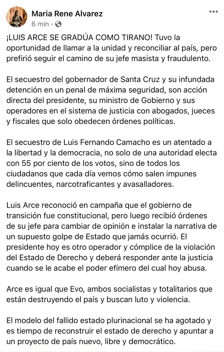 MReneAlvarezScz's tweet photo. "¡LUIS ARCE SE GRADÚA COMO TIRANO! Tuvo la oportunidad de llamar a la unidad y reconciliar al país, pero prefirió seguir el camino de su jefe masista y fraudulento….”
Ver nota completa 👇 https://t.co/E7OX6rpQlU