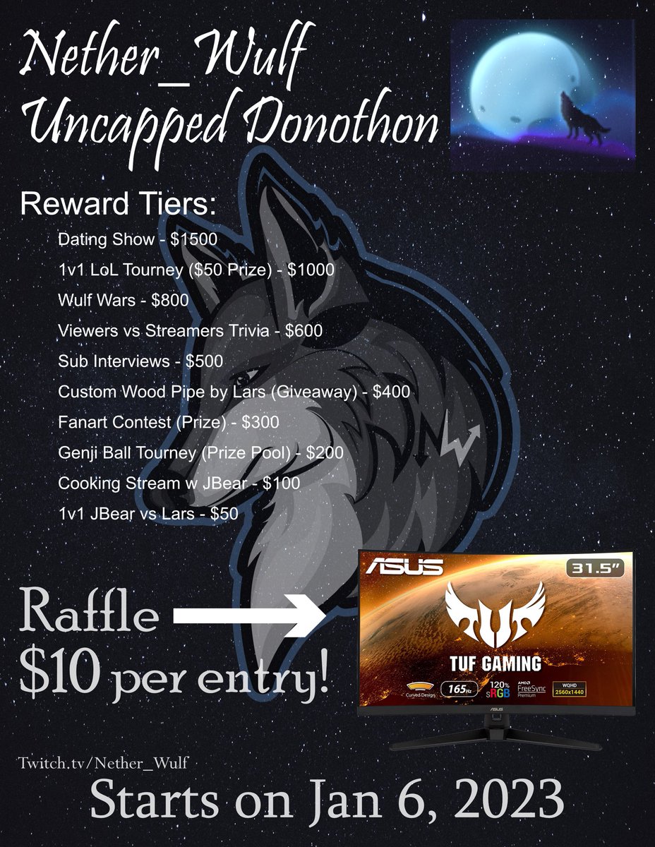 Nether_Wulf's tweet photo. 📣 📢 Official announcement 📣 📢 as most of you know i have been full time #streaming since being fired. Every 10 bucks gets a ticket to a monitor raffle. Anything made is gonna go to helping me live 😎 just a lurk or coming into say hi would make my day! #streamer #twitch #rt https://t.co/ujUdWrIKi3