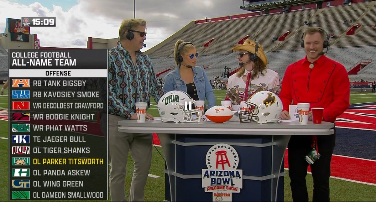 barstoolsports's tweet photo. Who has the best name in college football?

#BarstoolAZBowl Watch: https://t.co/dxbQps0SmK https://t.co/ejMHHxBagJ