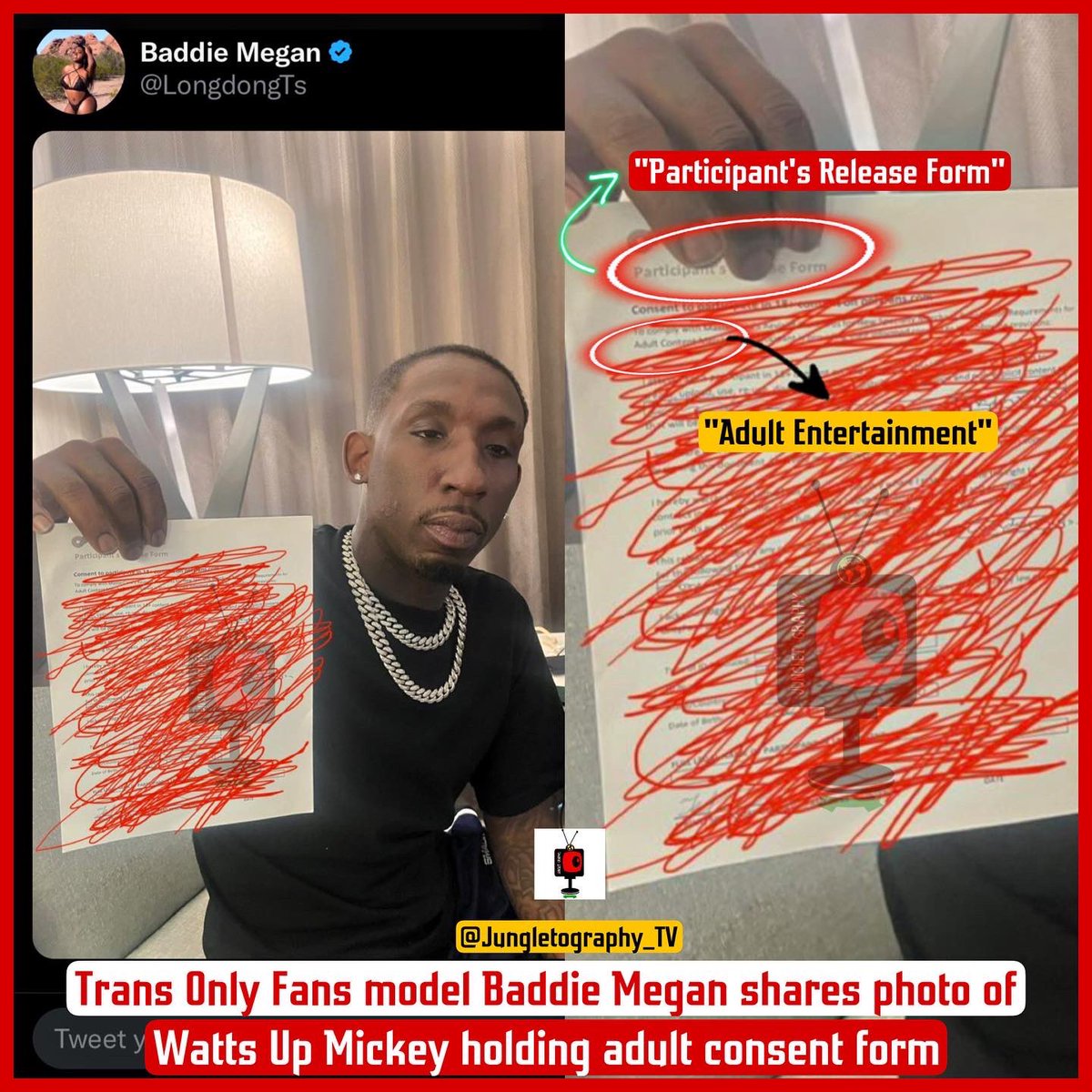 Jungletography's tweet photo. Trans #OnlyFans model #BaddieMegan (@LongDongTS) responds to backlash that she exposed #WattsUpMickey by posting alleged photo of him holding consent form to participate in adult content.

Mickey asked people to pray for him and not make fun as he’s suffering from #MentalHealth https://t.co/xuXYFnUy0T