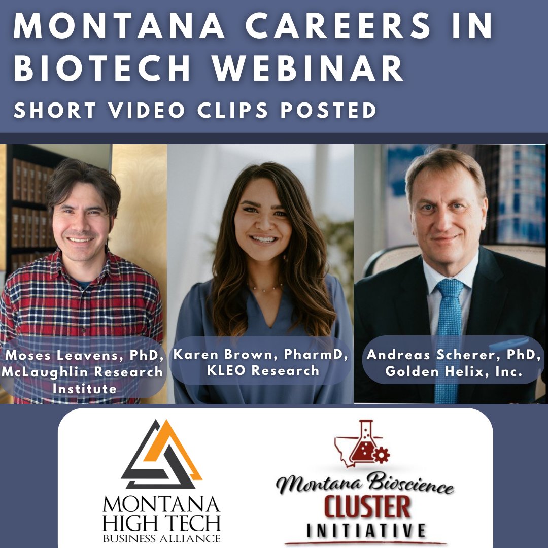 Did you miss our MT Biotech Careers #webinar? Catch up with these career tips from Karen Brown @kleoresearch, Moses Leavens @mri_montana, and <a href="/andreasscherer/">Andreas Scherer</a> @goldenhelixinc on our Youtube channel bit.ly/3hqyfCp #biotech #careerpathways #Missoula #GreatFalls #Bozeman