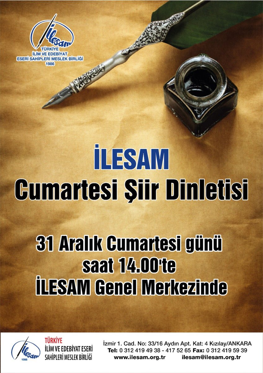 ilesamankara's tweet photo. İLESAM CUMARTESİ ŞİİR DİNLETİSİ 

31 Aralık Cumartesi - Saat 14.00'de - İLESAM Genel Merkezinde

Cumartesi günü saat 14'te İLESAM Genel Merkezinde  Şiir Dinletisine davetlisiniz.

İLESAM Genel Merkezi https://t.co/bbkKdXEIdy