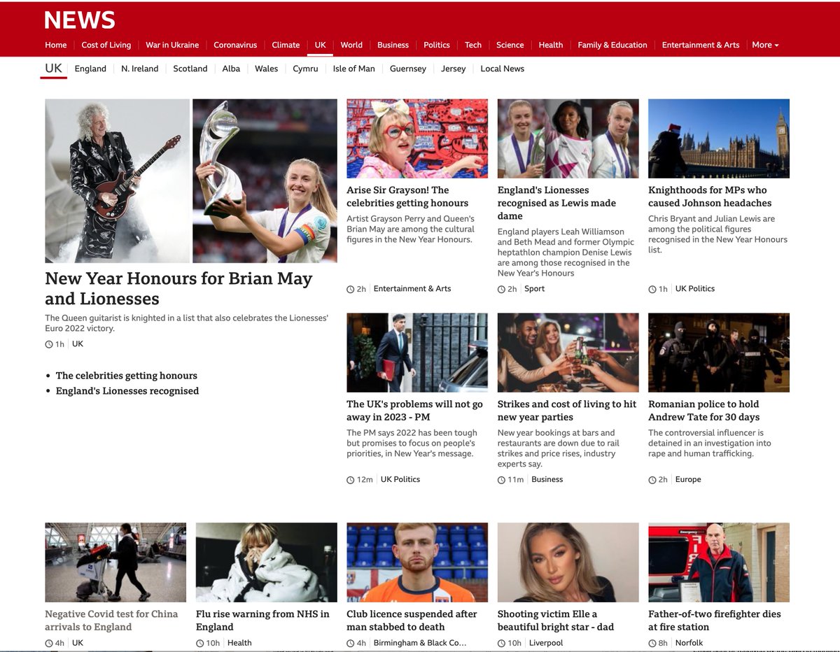 I've just checked the BBC website. This is the main UK news page, at 0015 on 31/12/23. Emergency care in the NHS is literally collapsing, dozens (if not hundreds) of people a day will die as a result of overflowing EDs &amp; there's nothing about it in the headlines. #Gaslighting