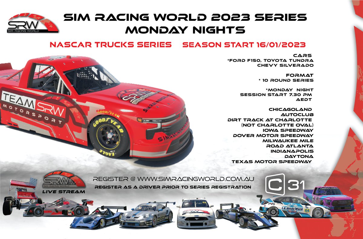 NASTRUCKS are back for our 4th season!
The season kicks off on Monday 16/01/2023!
Live Broadcast, live race control!
Driver register for new members of the league - simracingworld.com.au/registration-2/
Register for Season one of our 2023 series - simracingworld.com.au/pro.../nascar-…