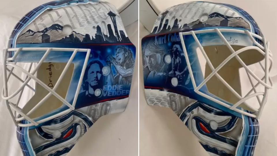 Kraken goalie Driedger pays tribute to Nirvana, Pearl Jam on new mask. Veteran gives nod to Seattle's legendary grunge scene with likeness of Vedder, Cobain nhl.com/news/seattle-c… <a href="/NHL/">NHL</a> <a href="/ChrisDriedger/">Chris Driedger</a> <a href="/eddievedder/">Eddie Vedder</a> <a href="/PearlJam/">Pearl Jam</a> <a href="/Nirvana/">Nirvana</a>