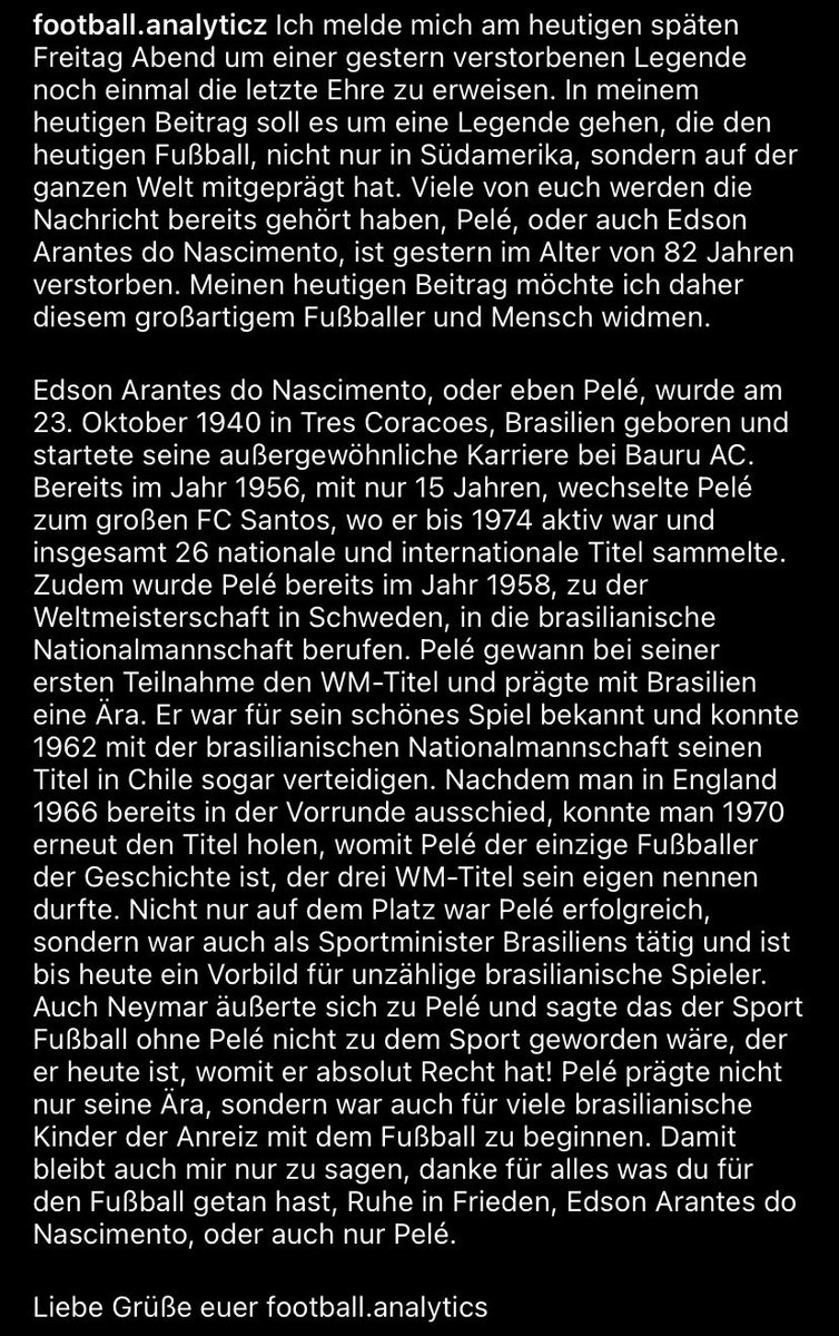ftbllanalytics's tweet photo. Ich möchte meinen heutigen Beitrag nutzen, um der gestern verstorbenen Legende, Edson Arantes do Nascimento, oder besser bekannt als Pelé, zu Gedenken. Er ist gestern im Alter von 82 Jahren verstorben und prägte mit Brasilien eine Ära des Fußballs. #Pele #RIPLegend https://t.co/RDALGJcZP6